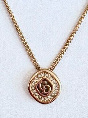 Dior Gold-Tone Logo Pendant Necklace with Crystal Accents